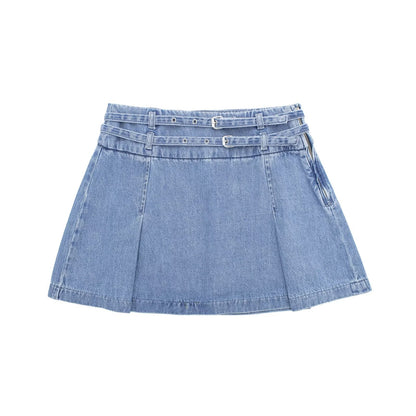 Solid Color Stitching High Waist Street Hipster Pleated Skirt Denim Blue Cotton Sexy Skirt