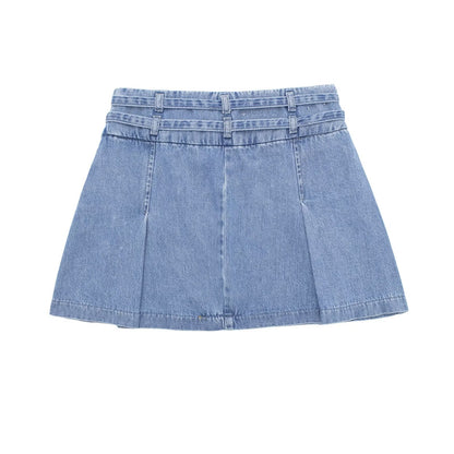 Solid Color Stitching High Waist Street Hipster Pleated Skirt Denim Blue Cotton Sexy Skirt