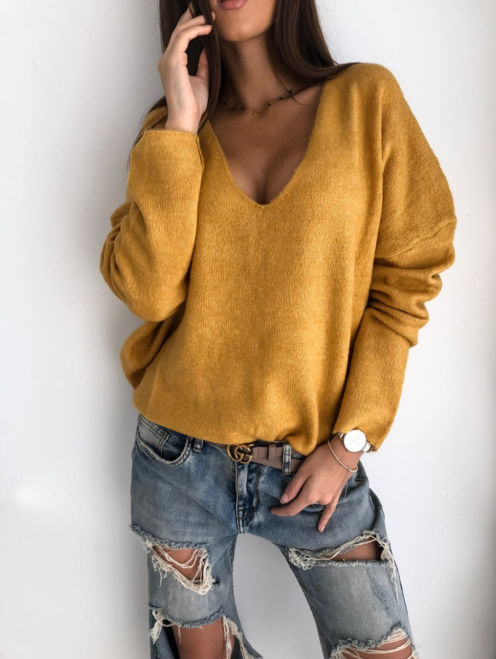 Minimalist Candy Color V-neck Pullover Sweater