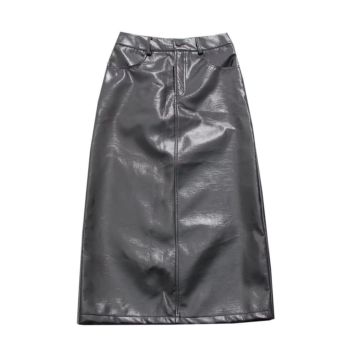 High Waist Skirt Autumn Winter Elegant Classic Leather Skirt Split Mid Length Straight A Line Sheath Skirt