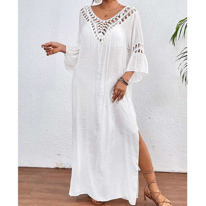 Women Hand Hook Stitching Colorful Ball Sexy Hollow Out Cutout Backless Loose Beach Long Cover Dress Crochet hook
