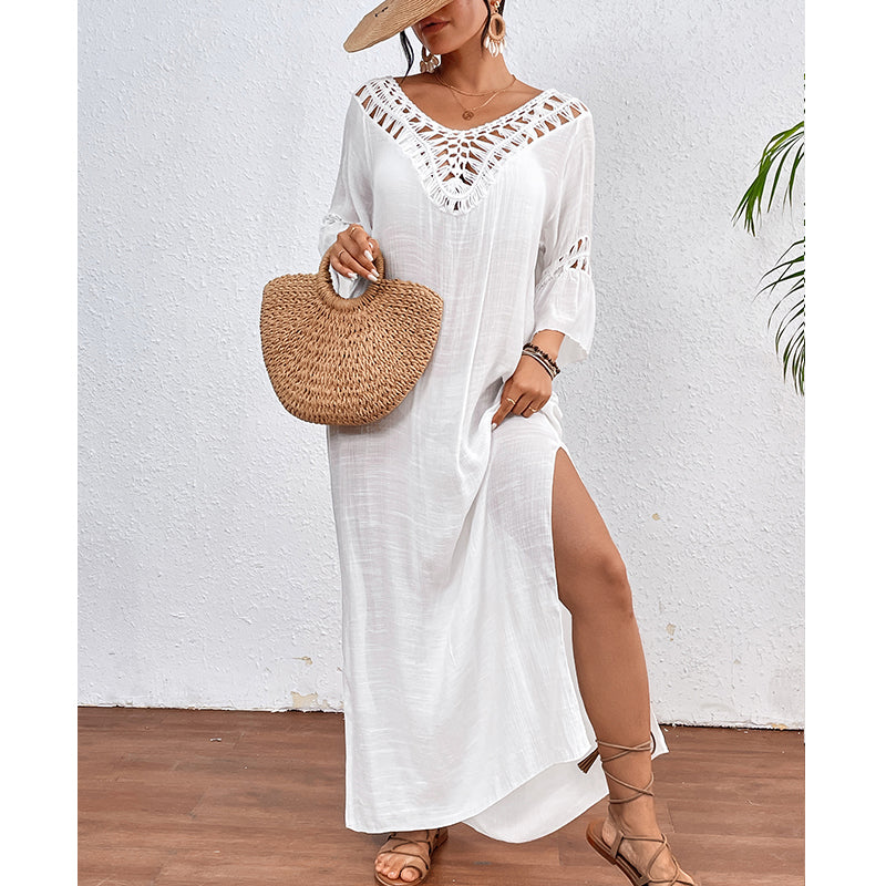 Women Hand Hook Stitching Colorful Ball Sexy Hollow Out Cutout Backless Loose Beach Long Cover Dress Crochet hook
