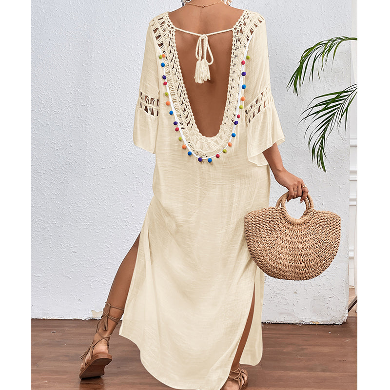Women Hand Hook Stitching Colorful Ball Sexy Hollow Out Cutout Backless Loose Beach Long Cover Dress Crochet hook