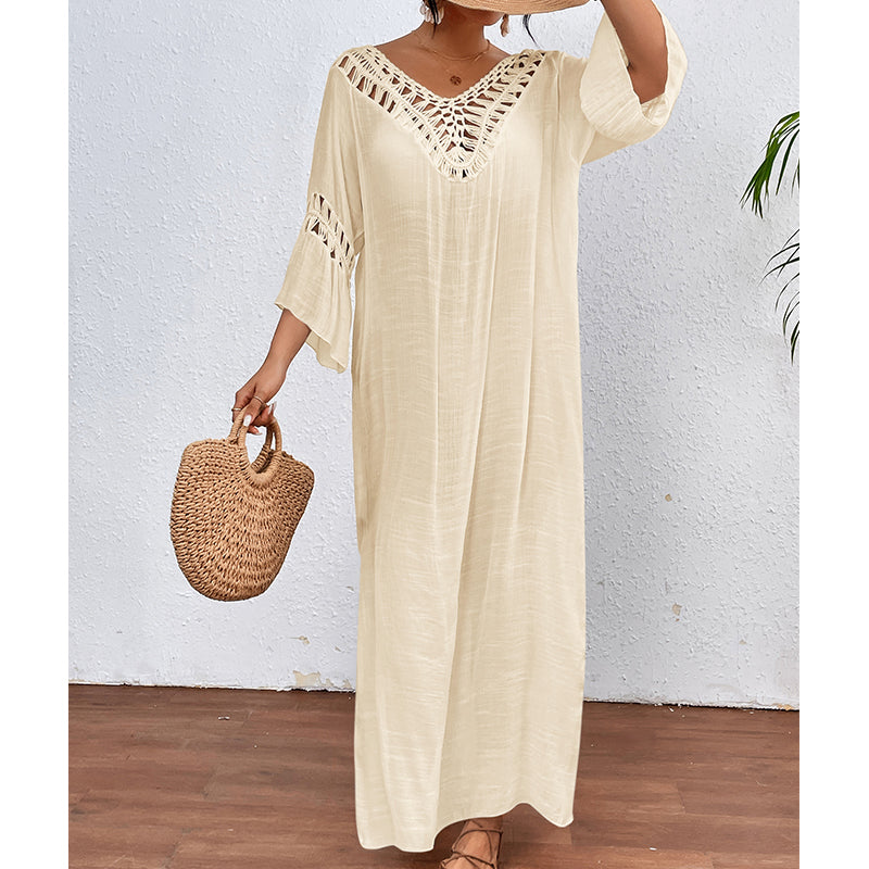 Women Hand Hook Stitching Colorful Ball Sexy Hollow Out Cutout Backless Loose Beach Long Cover Dress Crochet hook