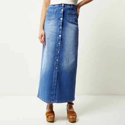 Button Long Denim Skirt