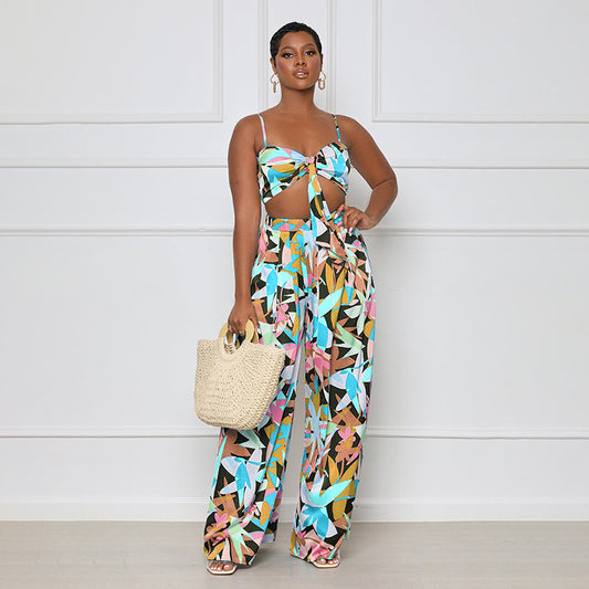 Strap Tube Top & Casual Wide Leg Pants Suit