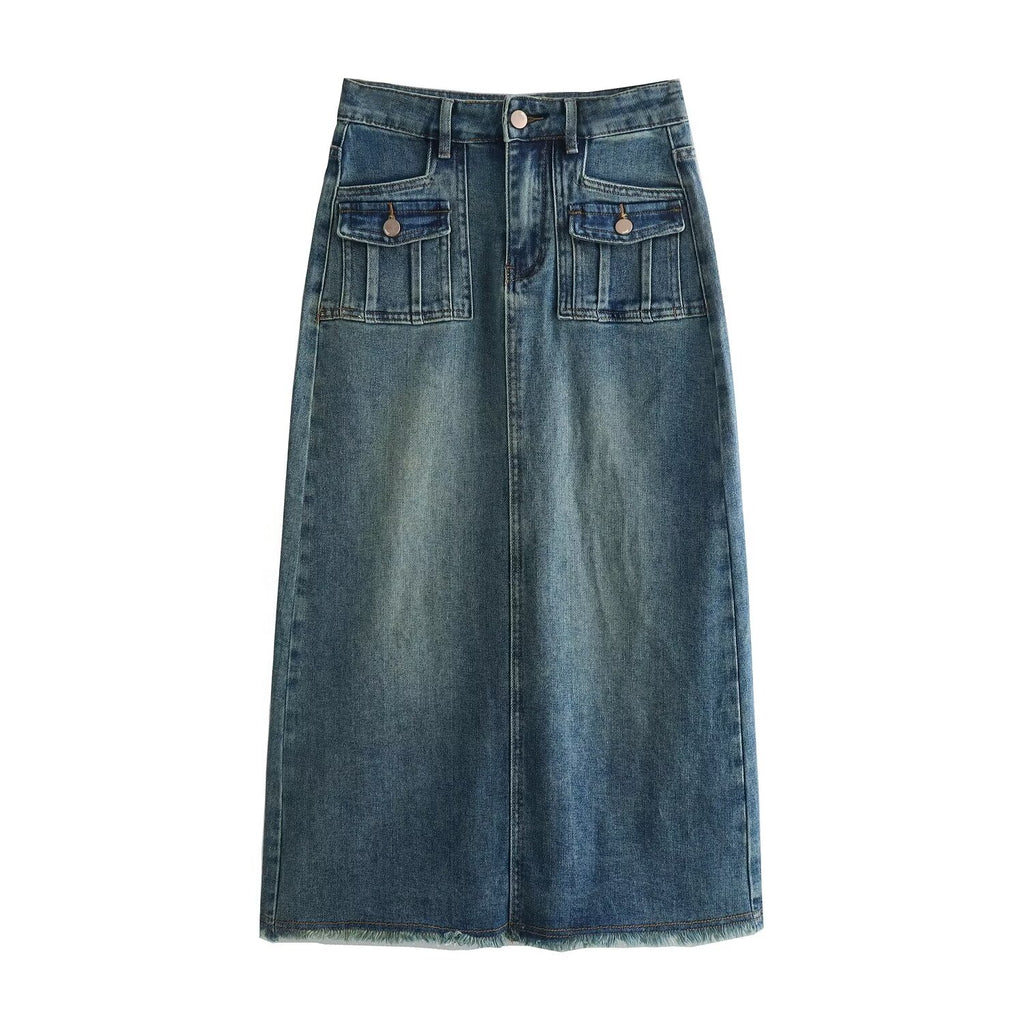 Slimming Frayed Washed Denim a Line Skirt