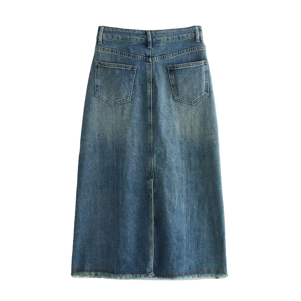 Slimming Frayed Washed Denim a Line Skirt