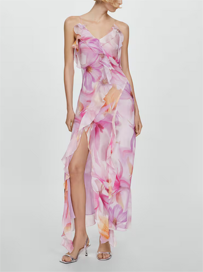 Ruffled Floral Print Strap Maxi Dress