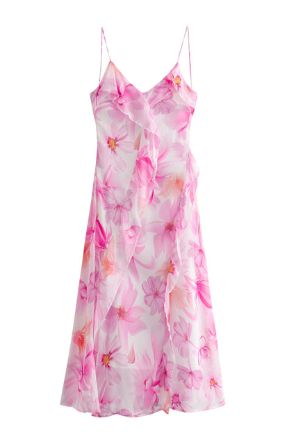 Ruffled Floral Print Strap Maxi Dress