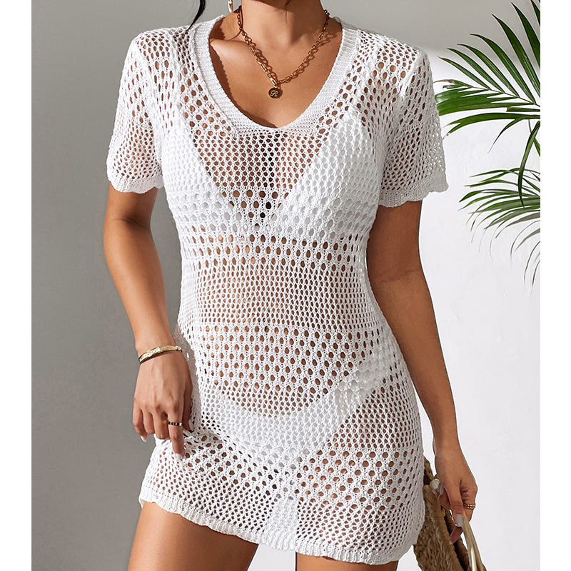 Women Clothes Sexy Cutout Short Sleeve Casual Bikini Cover Up Swimsuit Blouse Beach Sun Protection Shirt Crochet hook