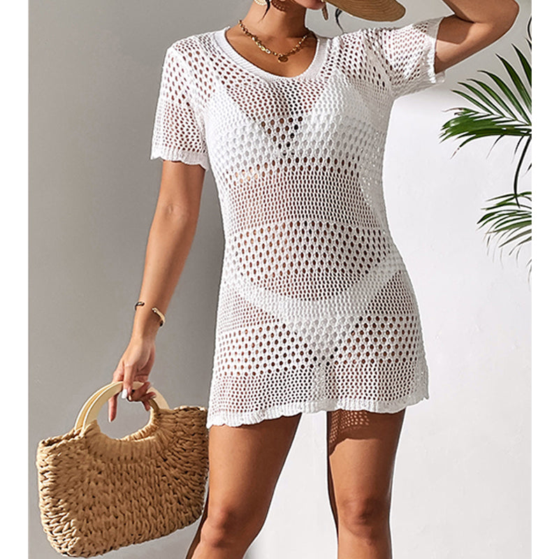 Women Clothes Sexy Cutout Short Sleeve Casual Bikini Cover Up Swimsuit Blouse Beach Sun Protection Shirt Crochet hook