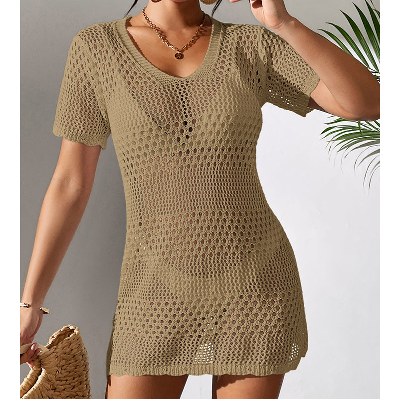 Women Clothes Sexy Cutout Short Sleeve Casual Bikini Cover Up Swimsuit Blouse Beach Sun Protection Shirt Crochet hook