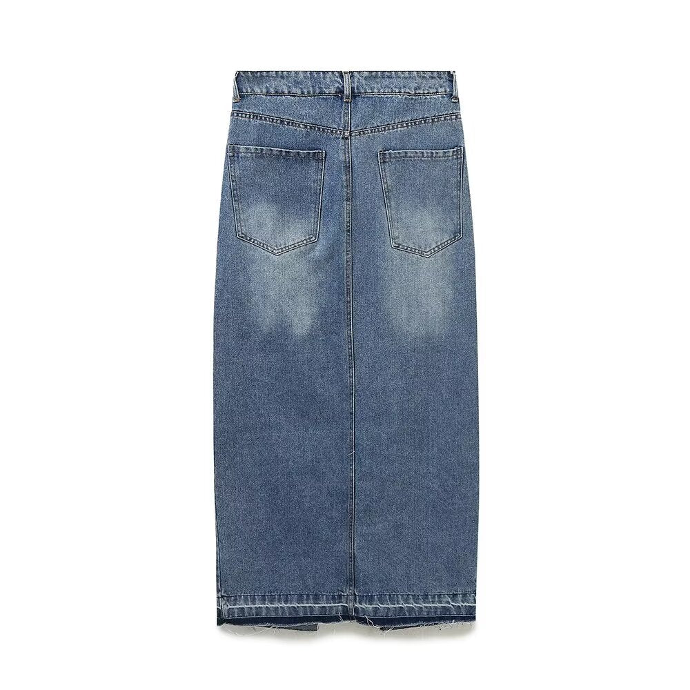 Spring Women Clothing Street Long Split Denim Skirt