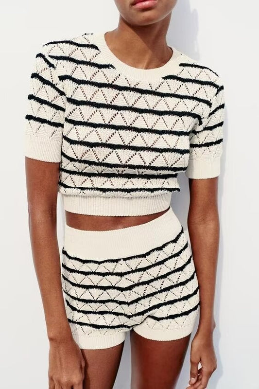 Cropped Striped Knitted Top And Skirt Set