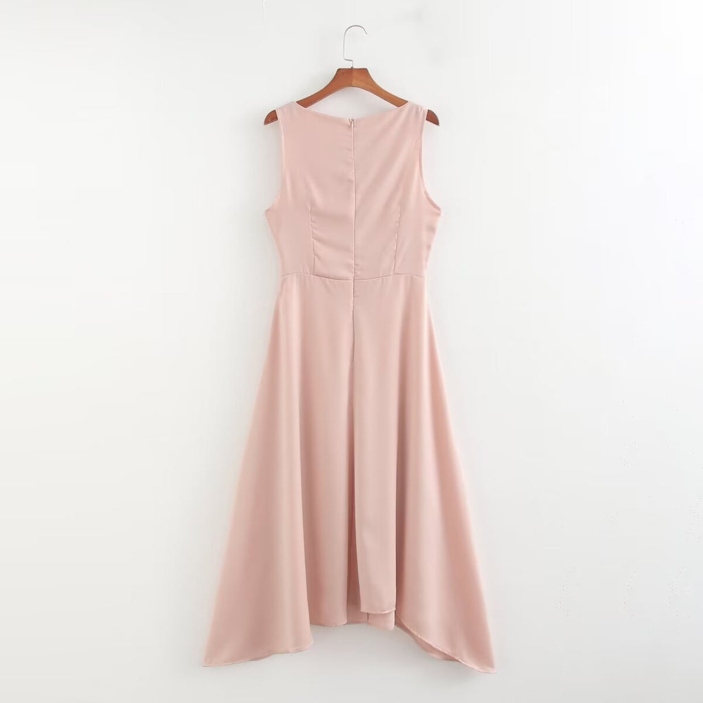 Women Clothing French Solid Color Pleated Round Neck Sleeveless Casual Maxi Dress