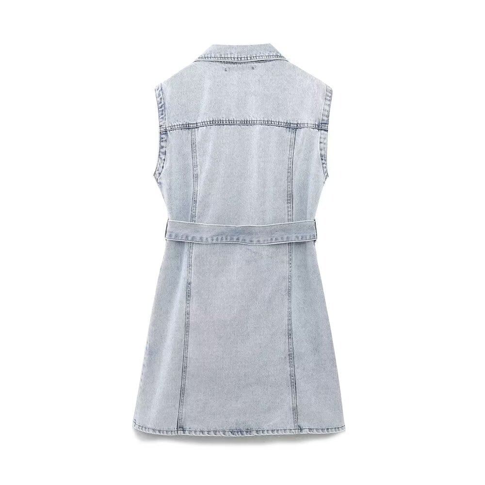 Collared Sleeveless With Belt Denim Dress