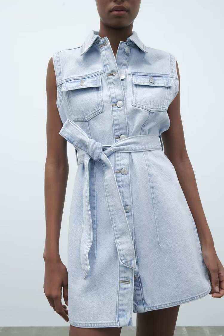 Collared Sleeveless With Belt Denim Dress