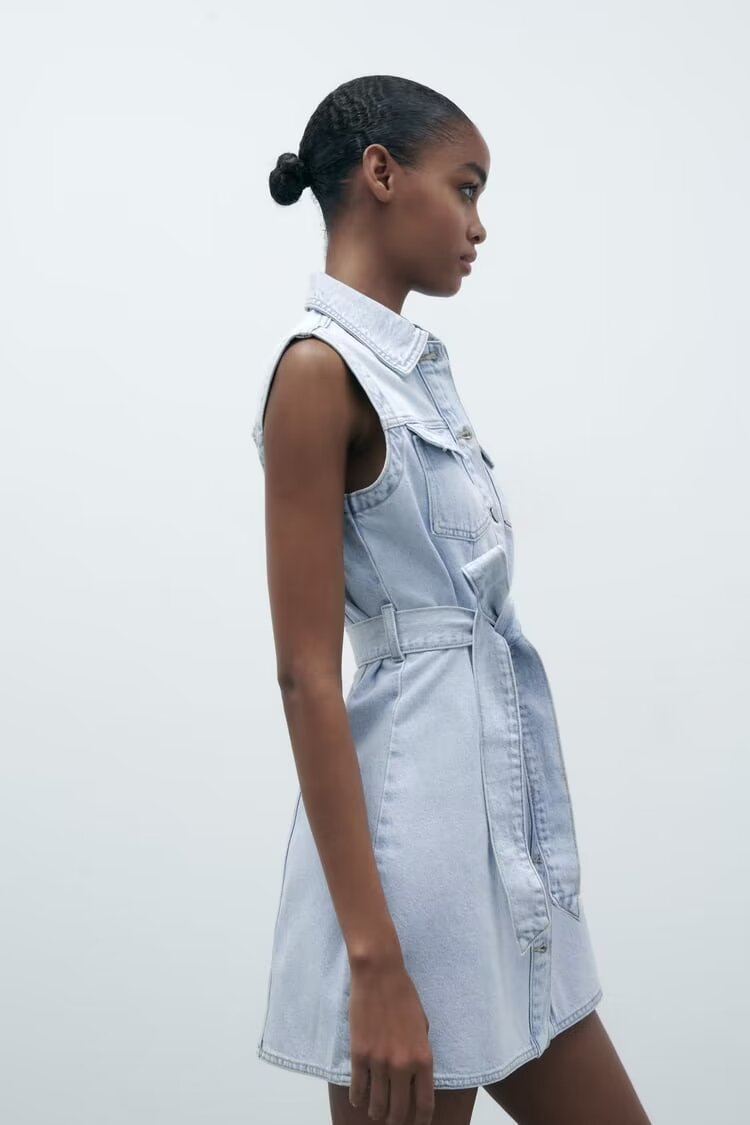 Collared Sleeveless With Belt Denim Dress