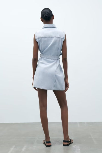 Collared Sleeveless With Belt Denim Dress