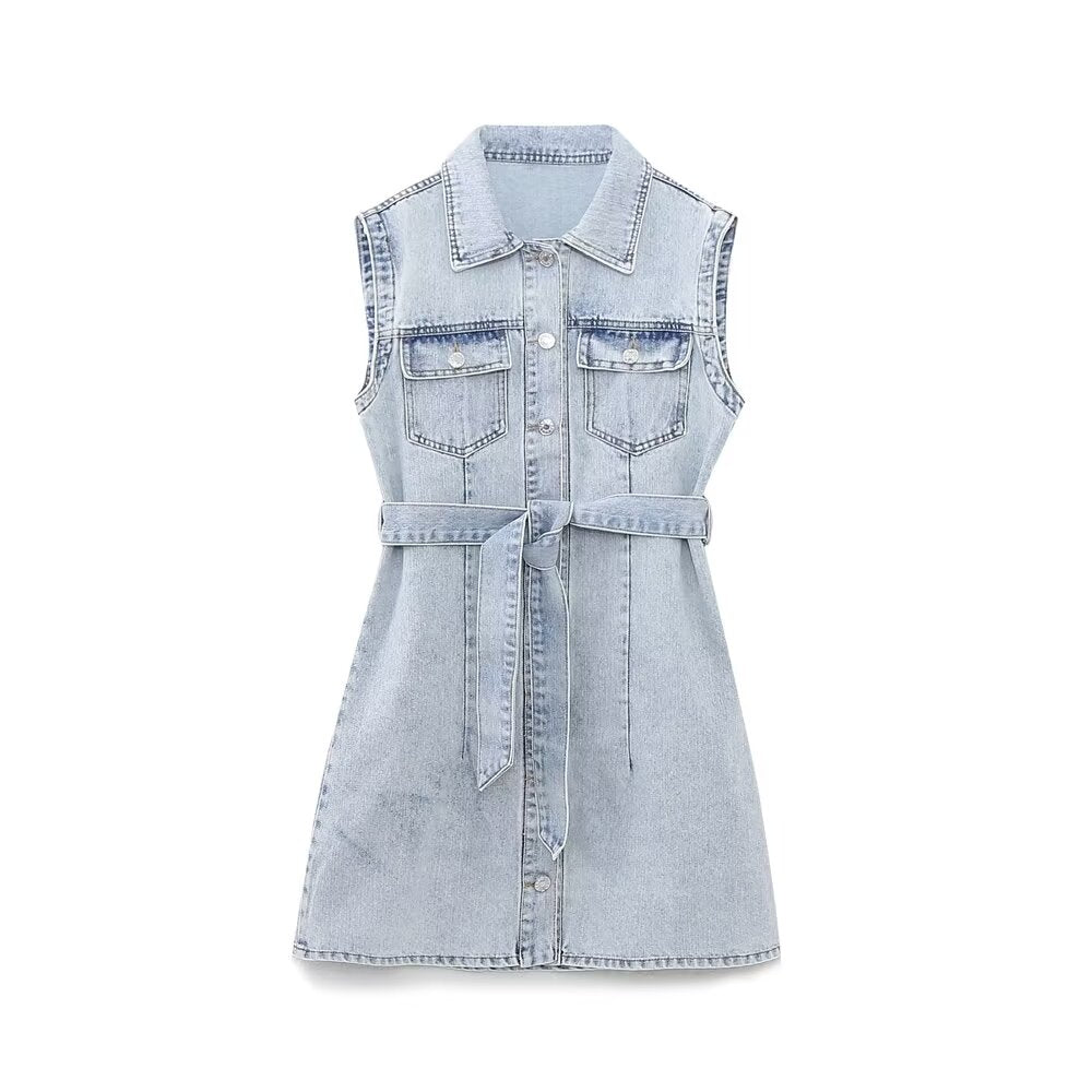 Collared Sleeveless With Belt Denim Dress