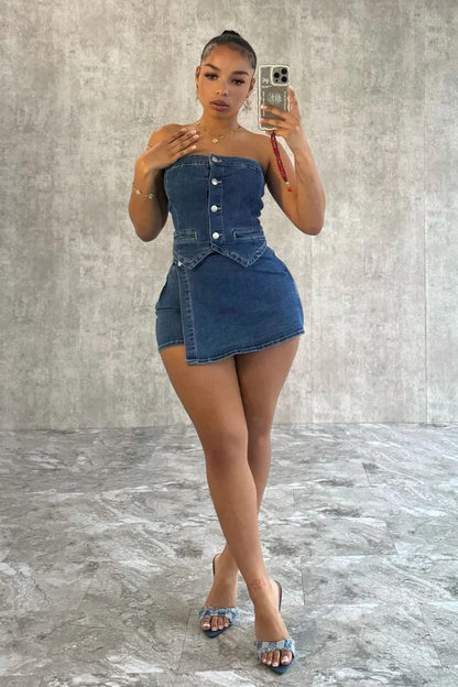 Denim Tube Top & Top Apron Shorts Set