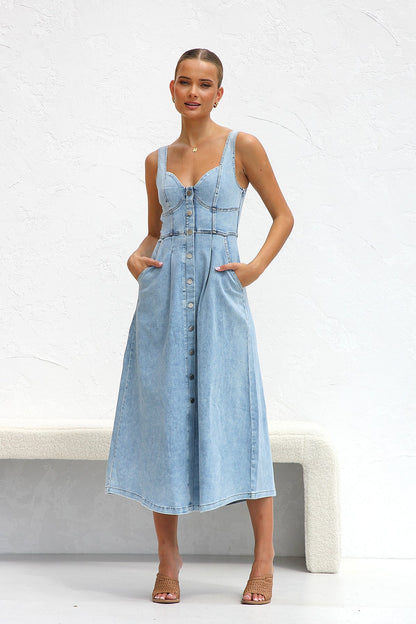 Fresh Water Blue Denim Buckle Strap Midi Dress