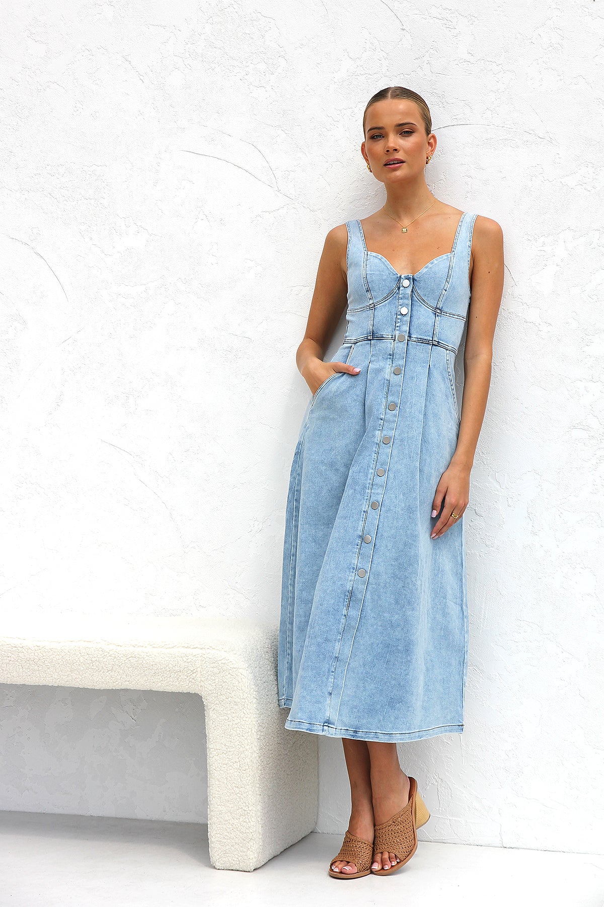 Fresh Water Blue Denim Buckle Strap Midi Dress