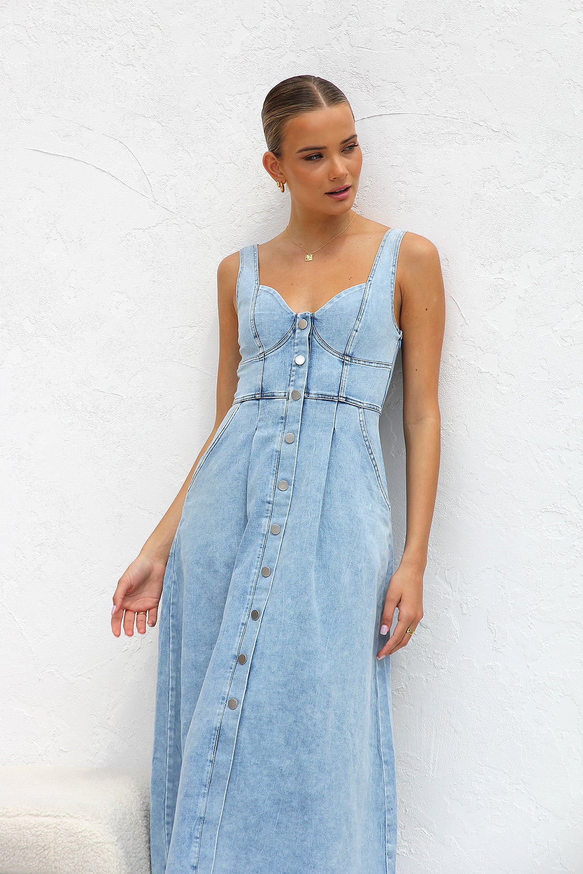 Fresh Water Blue Denim Buckle Strap Midi Dress