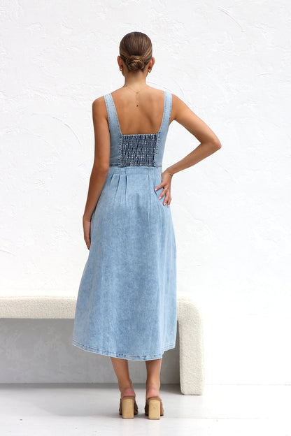 Fresh Water Blue Denim Buckle Strap Midi Dress