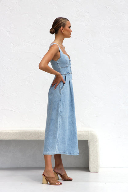 Fresh Water Blue Denim Buckle Strap Midi Dress