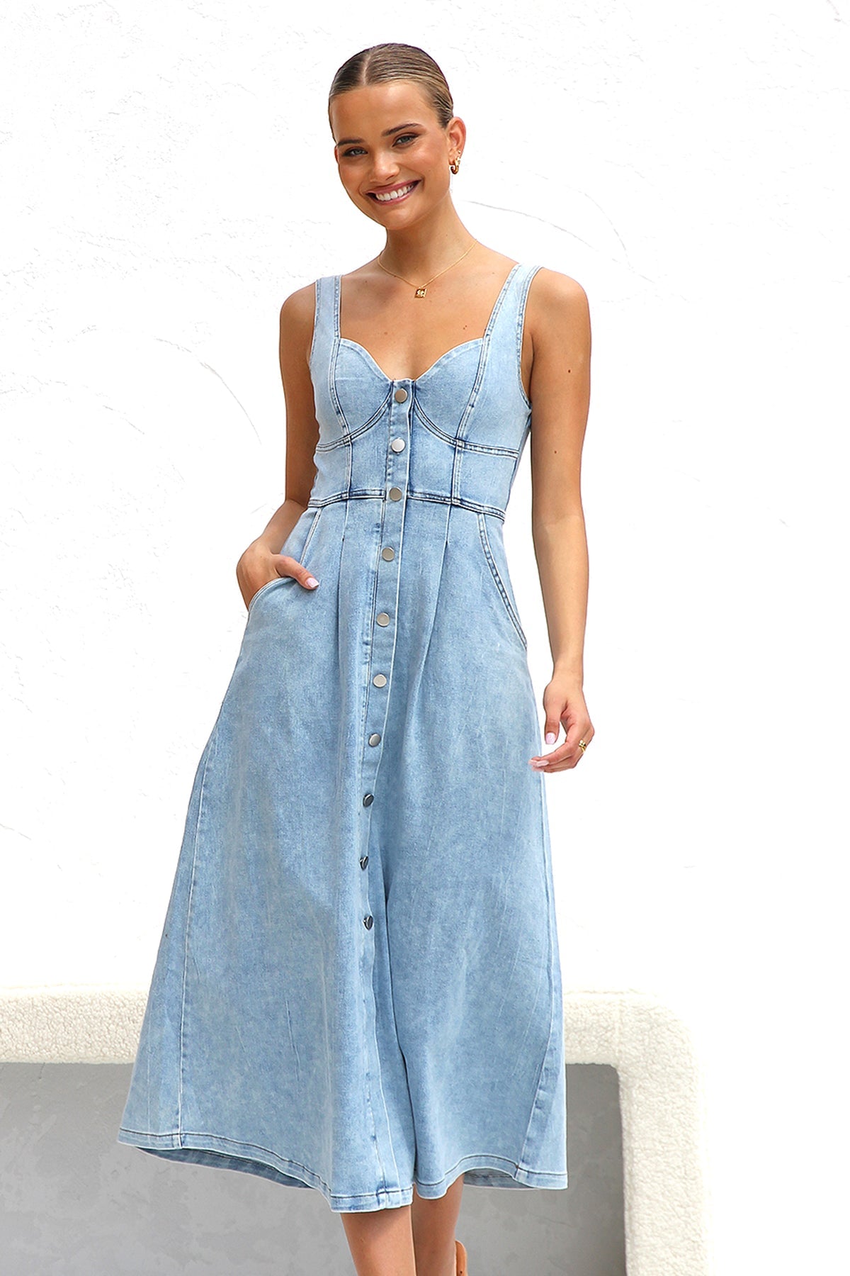 Fresh Water Blue Denim Buckle Strap Midi Dress