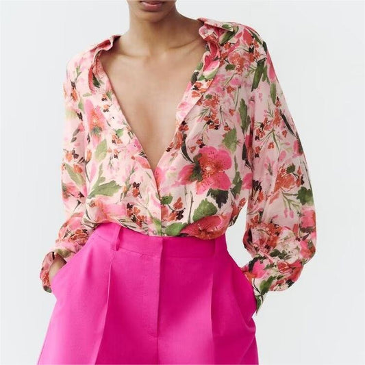 Spring Printed Silk Satin Shirt