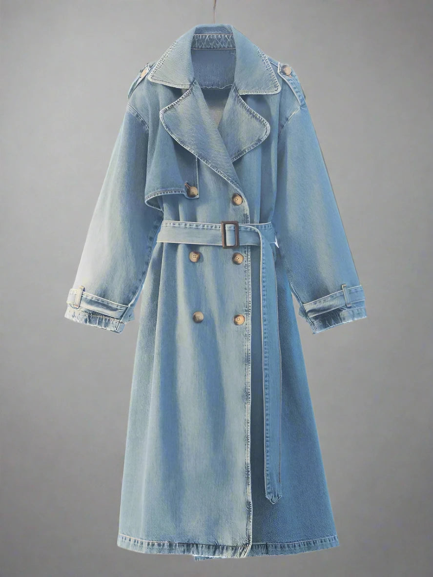 Long Blue Denim Trench Coat