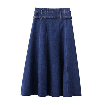 Retro Double Belt Raw Edge Denim Skirt