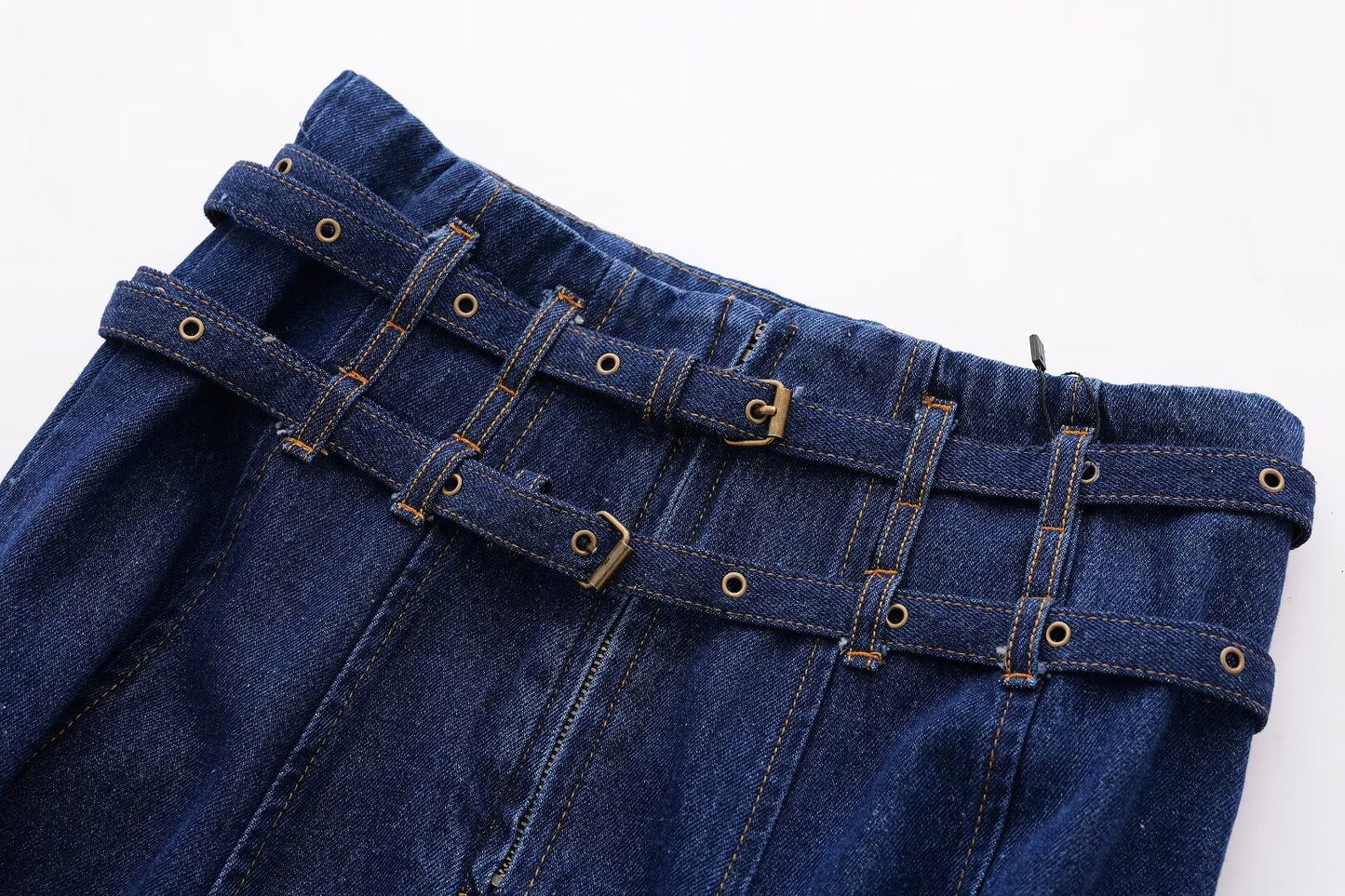 Retro Double Belt Raw Edge Denim Skirt