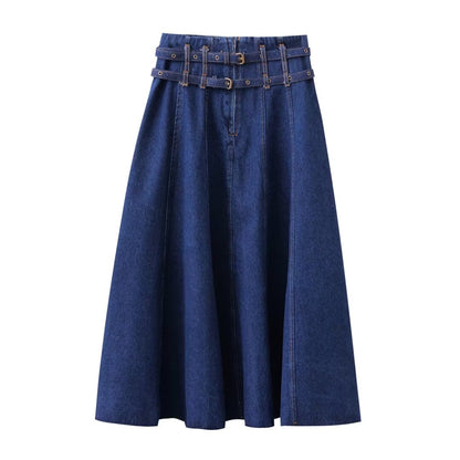 Retro Double Belt Raw Edge Denim Skirt