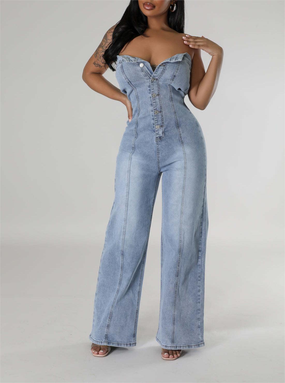 Tube Top Women Slim Fit Wide Leg Denim Jumpsuit