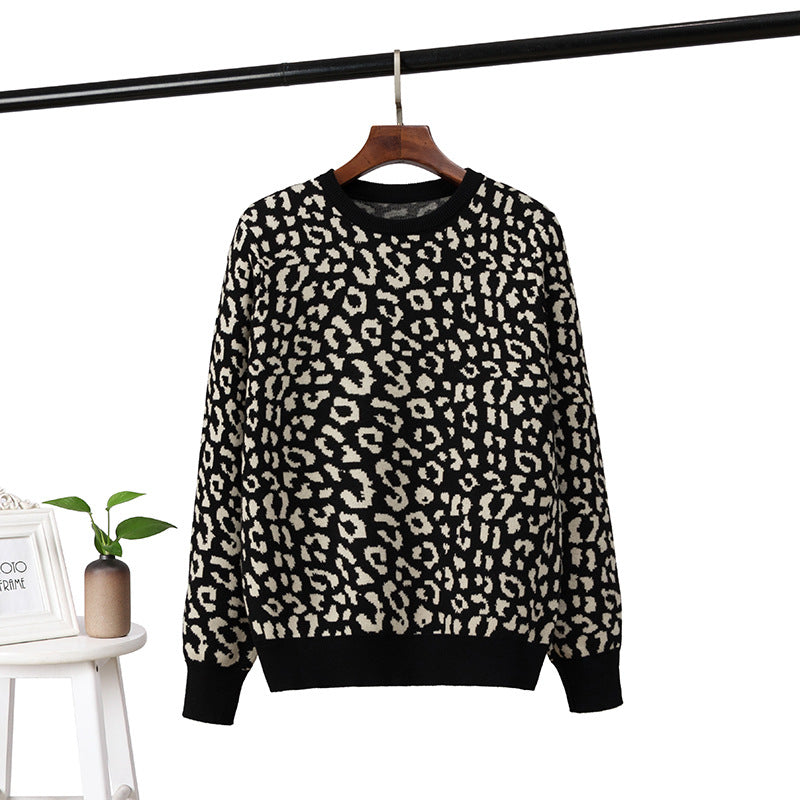 Women Clothing Autumn Winter Thick Women Pullover Leopard Jacquard Contrast Color Loose Bottoming Women Sweater