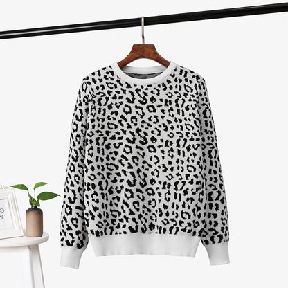 Women Clothing Autumn Winter Thick Women Pullover Leopard Jacquard Contrast Color Loose Bottoming Women Sweater