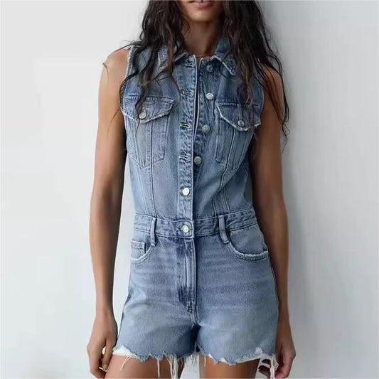 French Collared Denim Jumpsuit