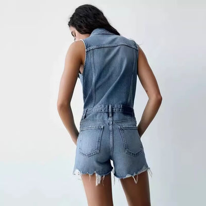 French Collared Denim Jumpsuit