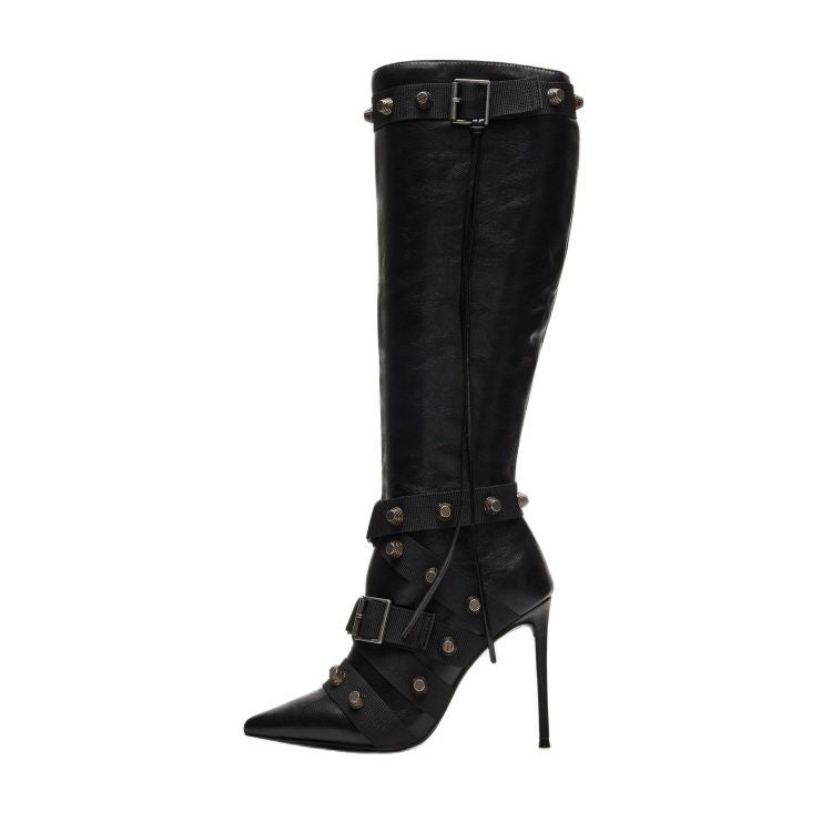 Rivet Pointed Stiletto High Boot