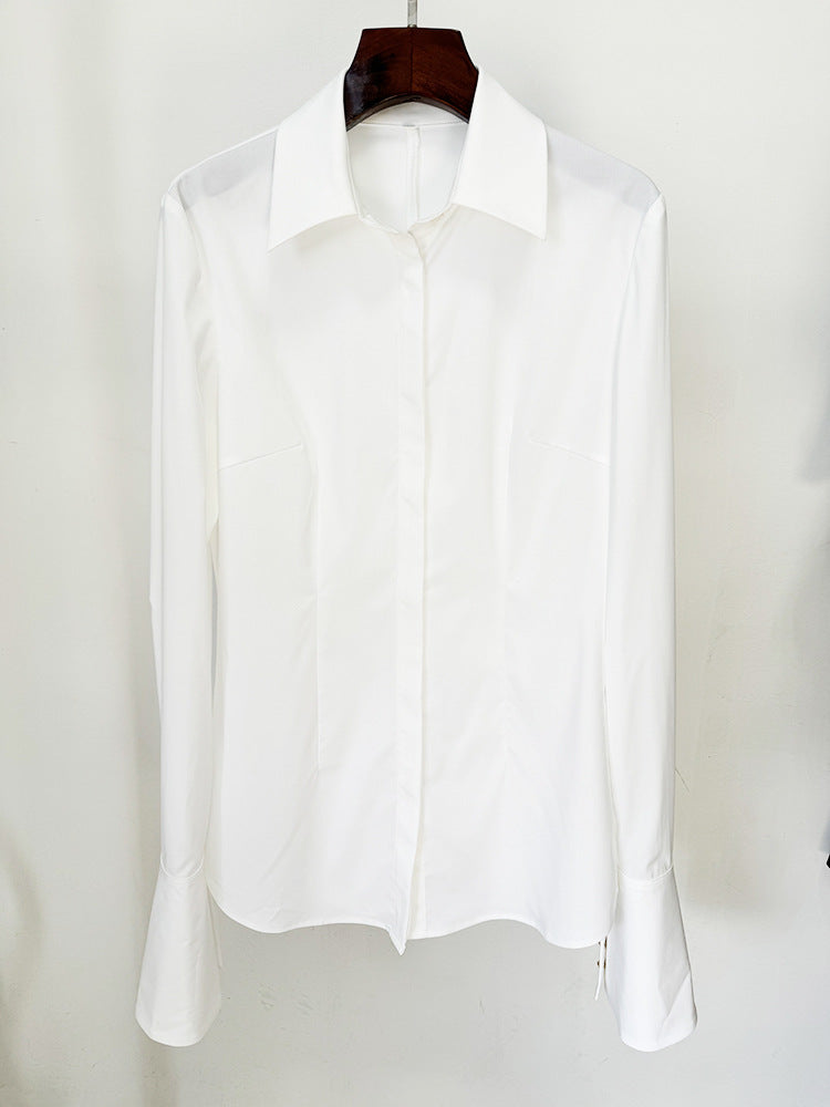 Star Simple Slim White Flared Sleeves Long Sleeves Shirt