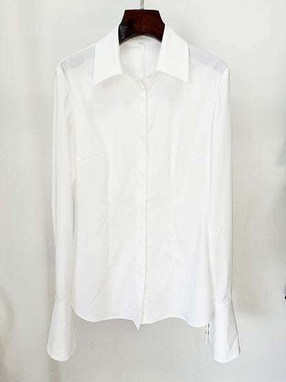 Star Simple Slim White Flared Sleeves Long Sleeves Shirt