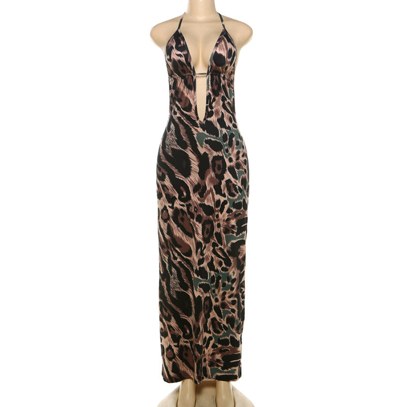 Halter Strap Cropped Backless Leopard Print Maxi Dress