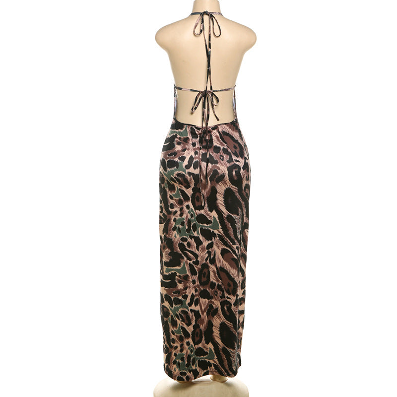 Halter Strap Cropped Backless Leopard Print Maxi Dress