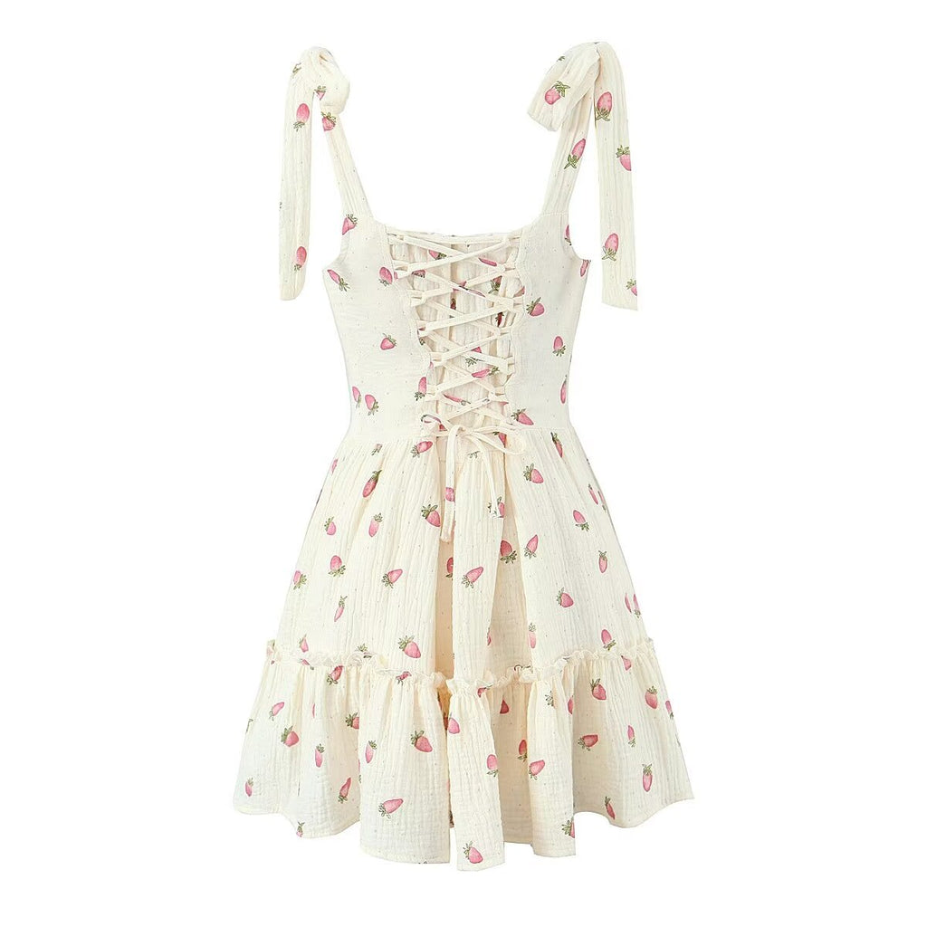 French Strawberry Cinched A line Dress
