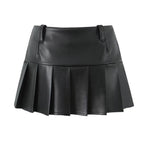 A line Pleated Leather Miniskirt