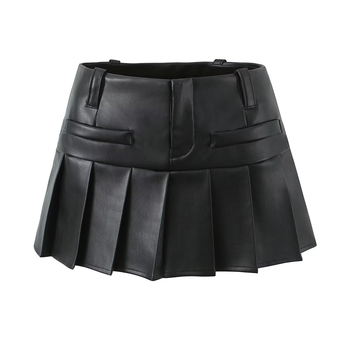 A line Pleated Leather Miniskirt